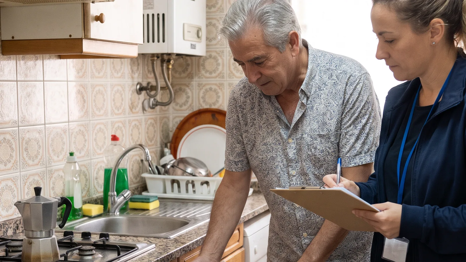 Un hombre en su cocina junto a una perito que toma notas