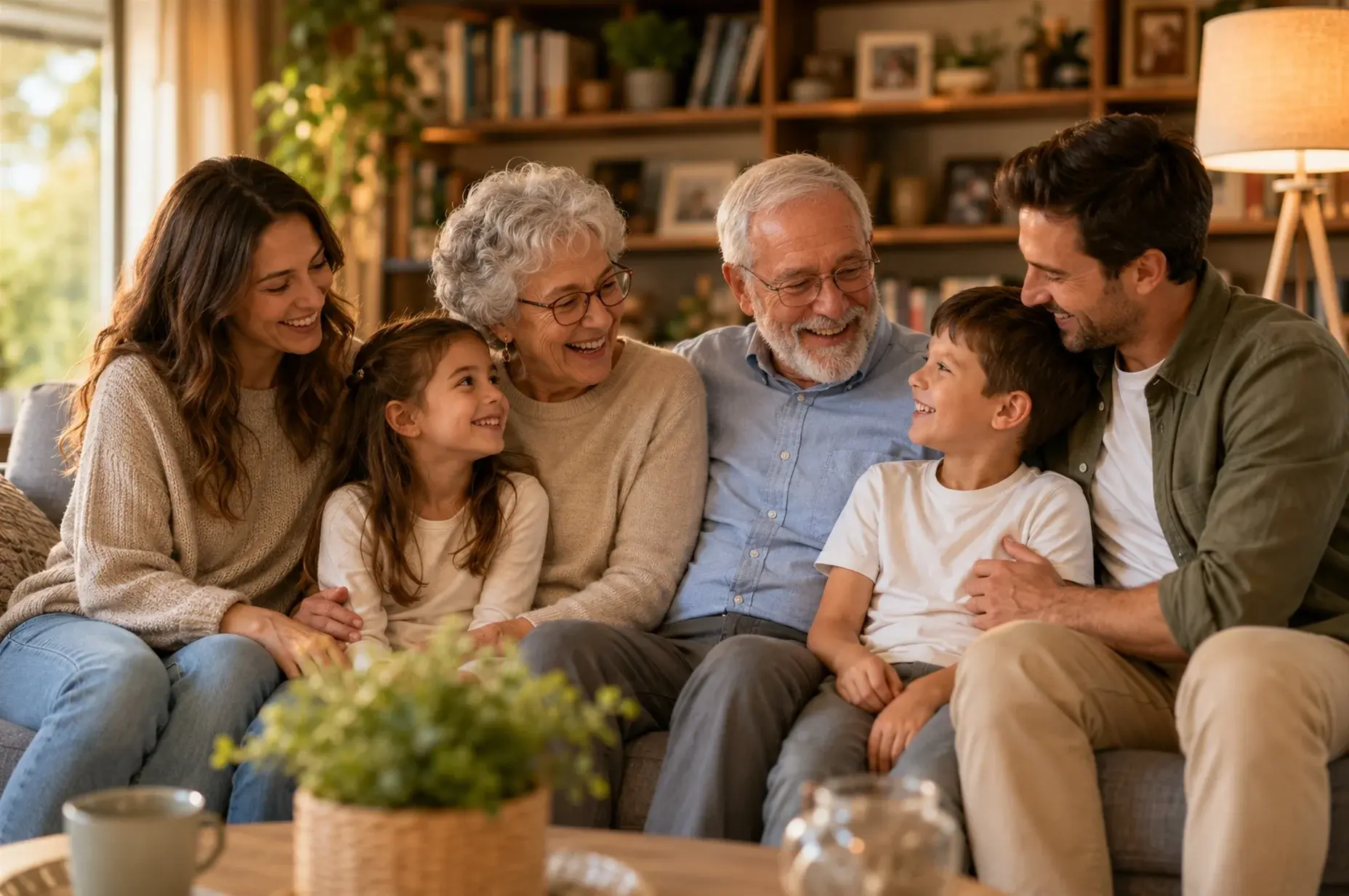 Familia española actual de varias generaciones reunida en un ambiente tranquilo