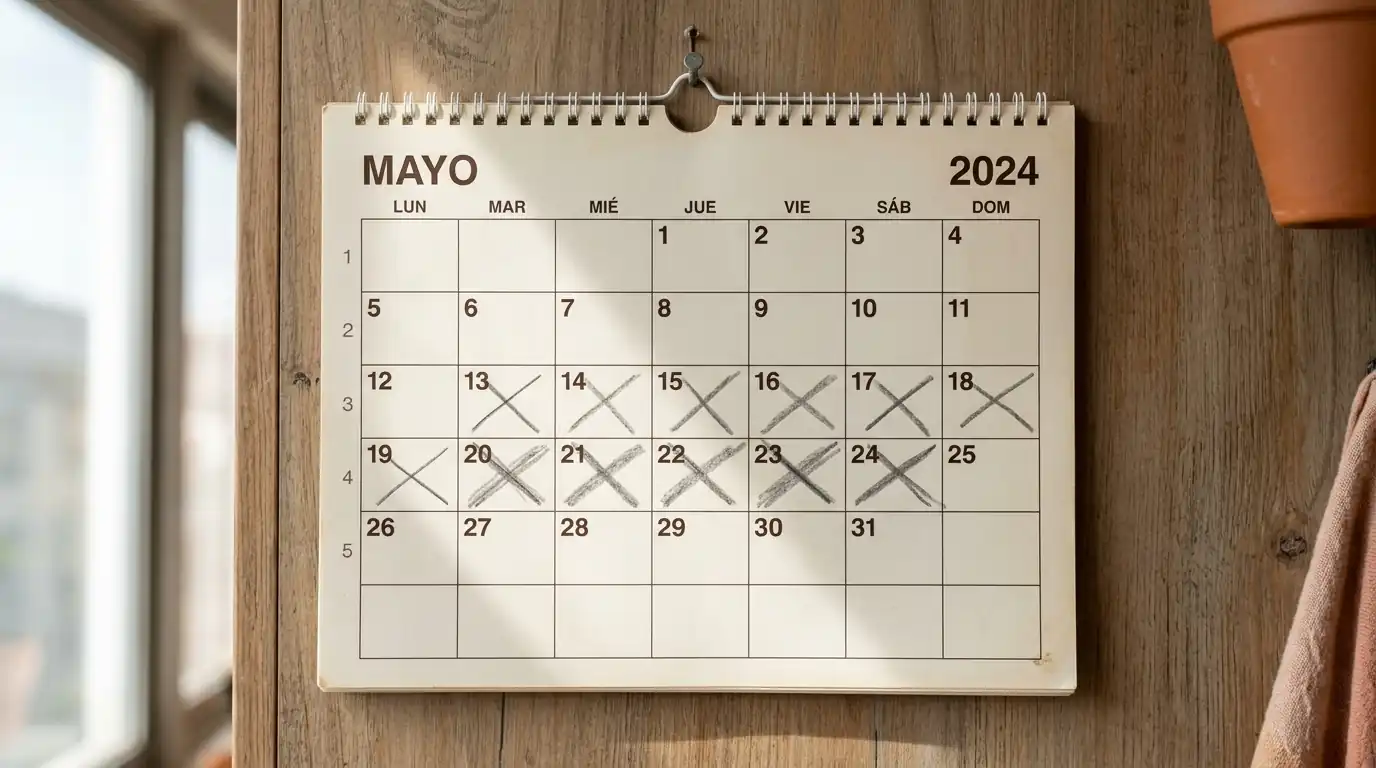 Calendario de pared con varios días de la semana tachados a lápiz