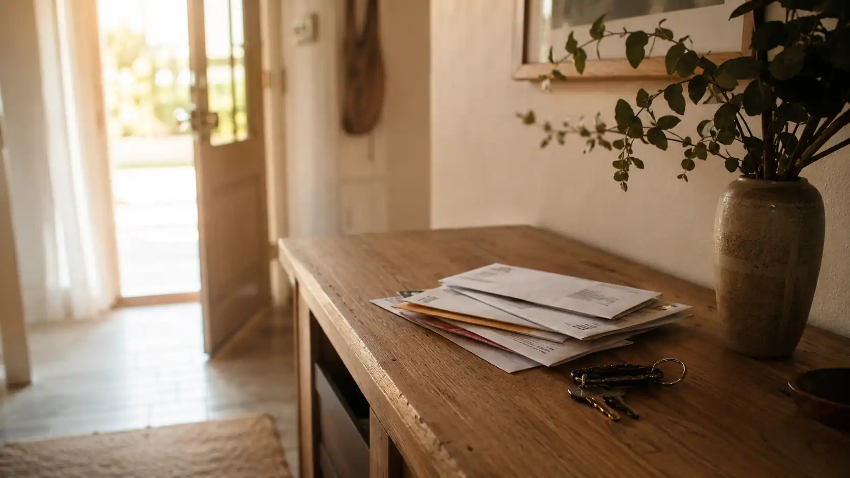 Consola de entrada de una casa con correo y un llavero, luz de tarde de fondo