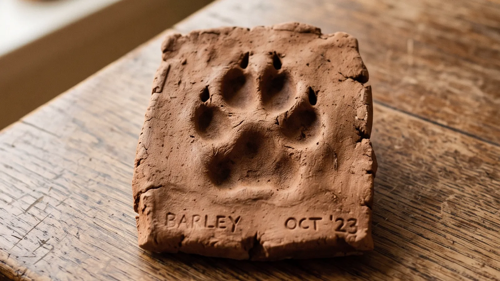 Placa de arcilla con la huella de la pata de un perro grabada, sobre una mesa de madera junto a una ventana