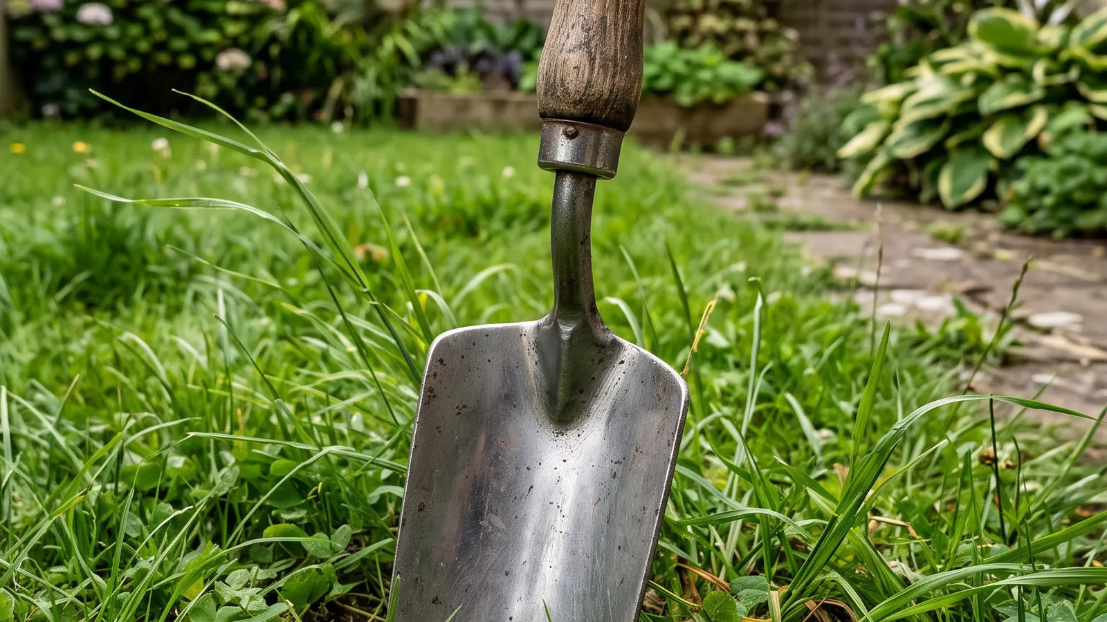 Pala de jardinería de mango de madera clavada en el césped de un jardín, con arbustos en flor al fondo