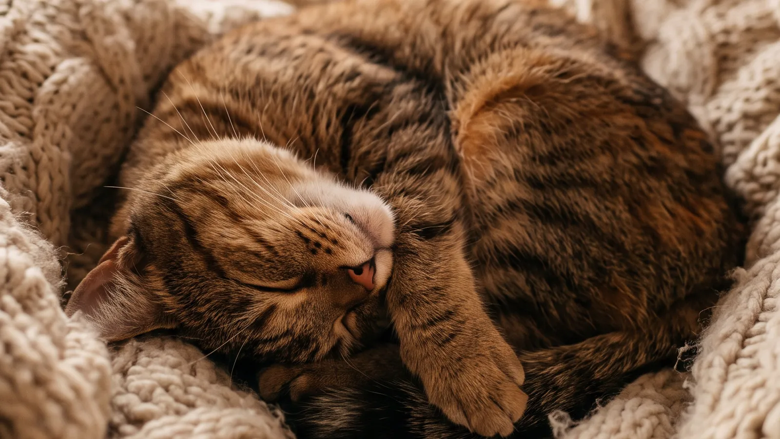 Gato atigrado durmiendo acurrucado sobre una manta de punto de color crema