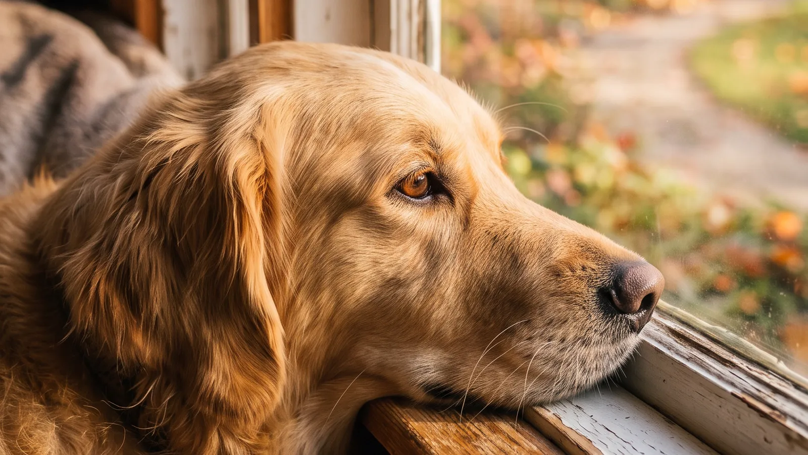 Perro de pelo dorado con la cabeza apoyada en el alféizar de madera de una ventana, mirando hacia un jardín otoñal