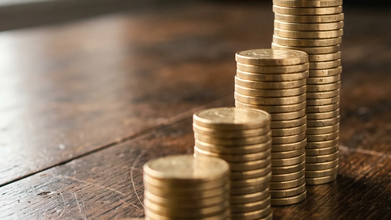 Pilas de monedas doradas de altura creciente sobre una mesa de madera oscura