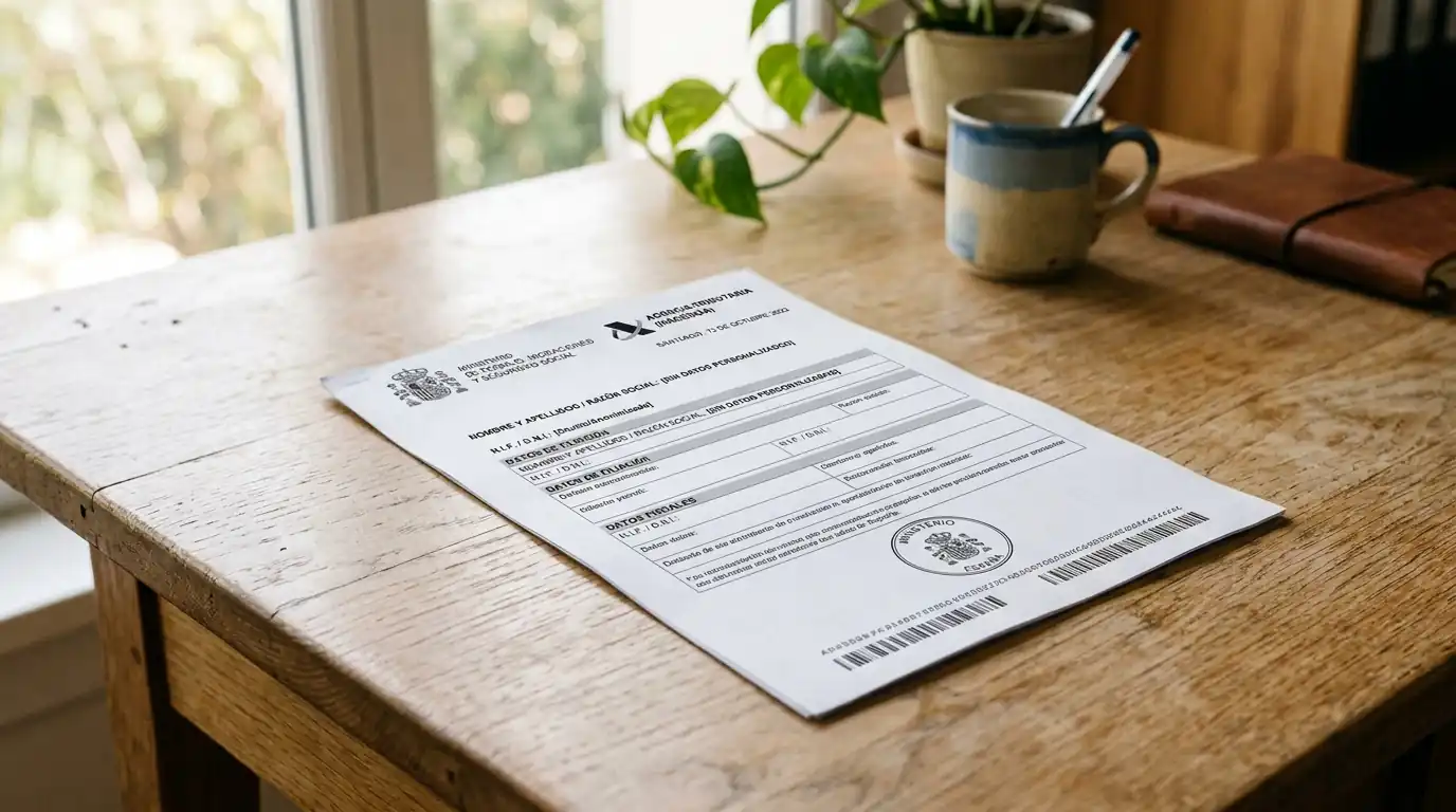 Documento oficial con un sello discreto sobre una mesa de madera, en referencia al certificado del registro de seguros de fallecimiento