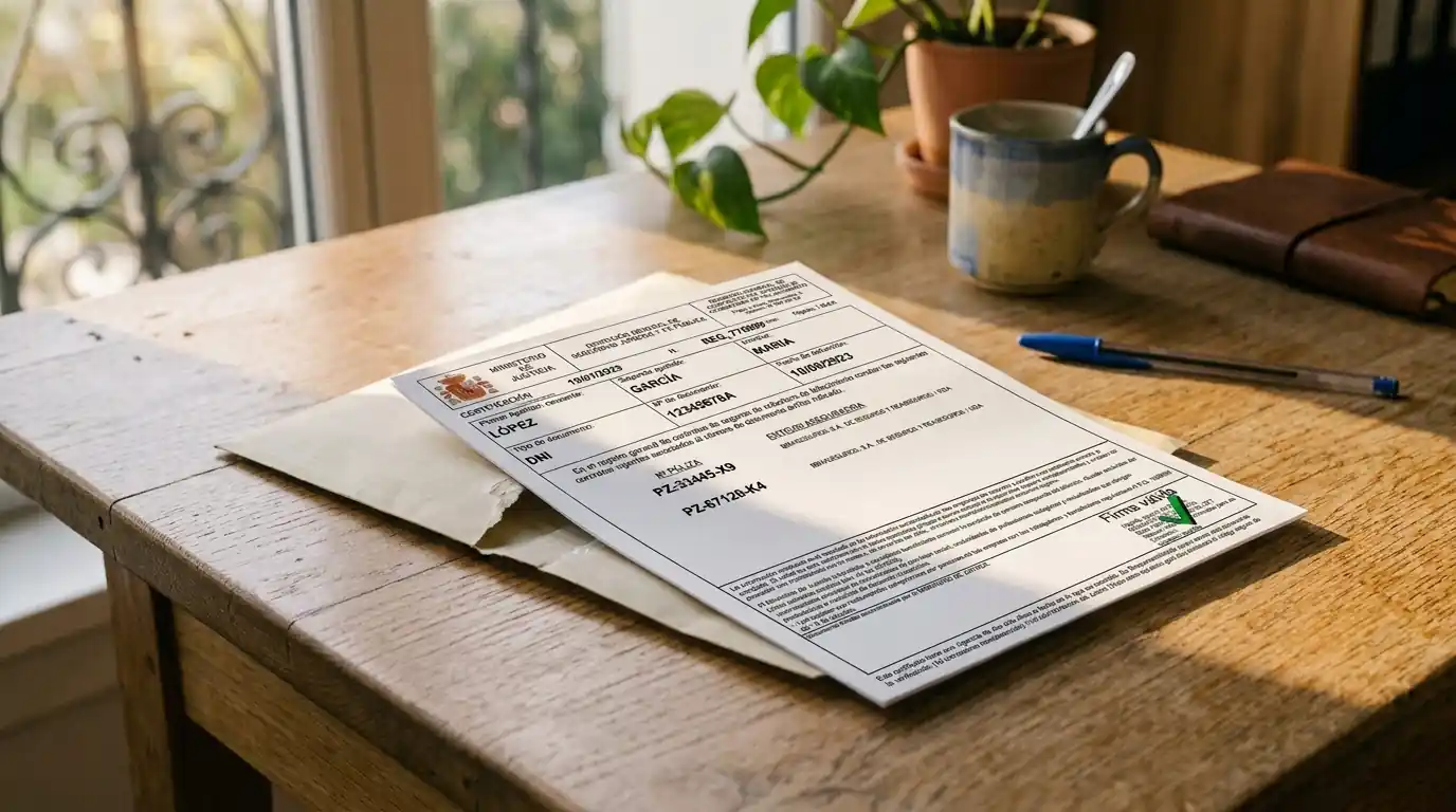 Sobre de correo abierto con una carta parcialmente extraída, sobre una mesa de madera