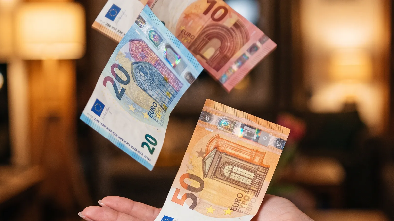 Billetes de euro cayendo sobre la palma abierta de una mano