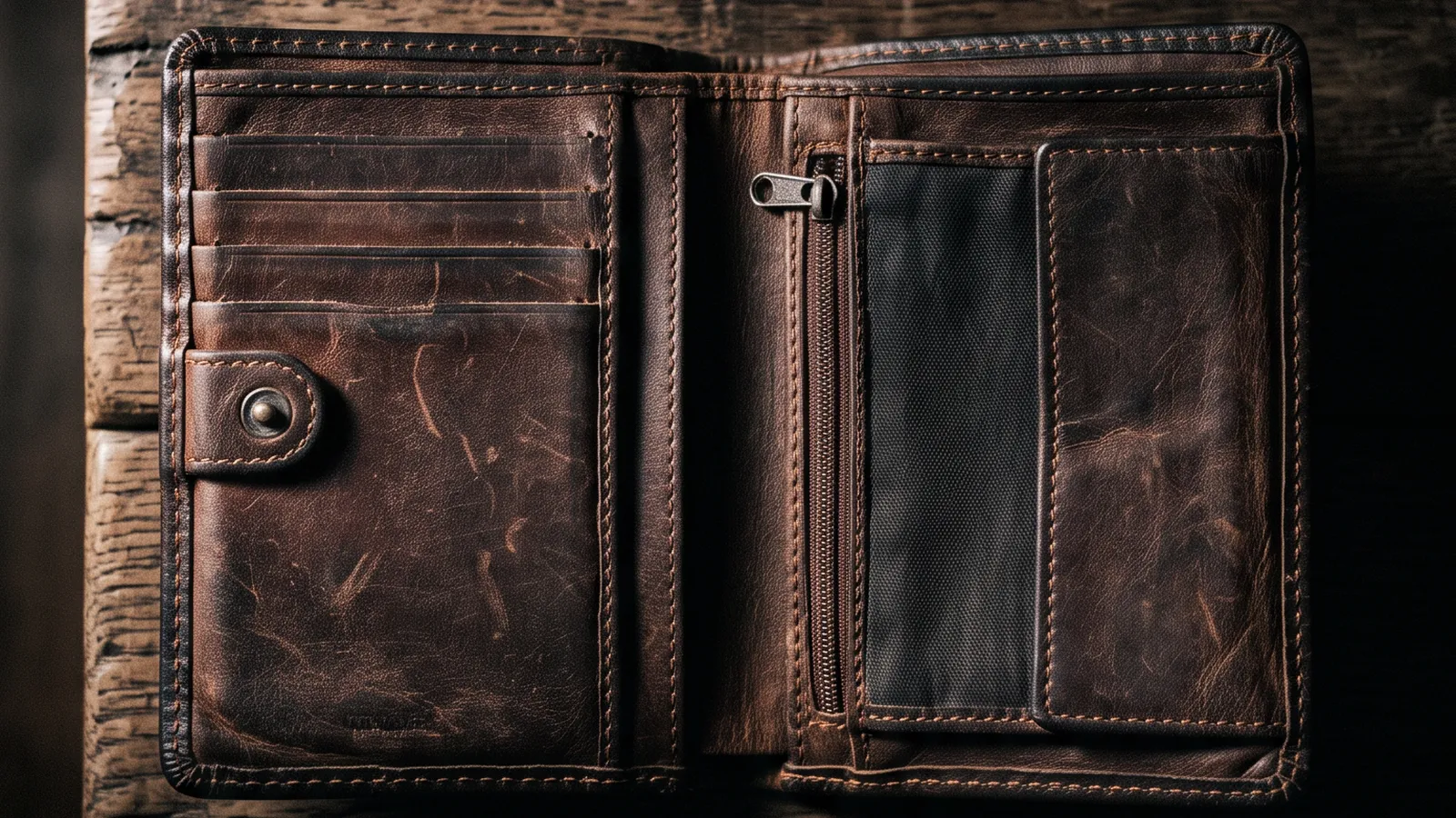 Cartera de piel marrón abierta y vacía sobre una mesa de madera oscura