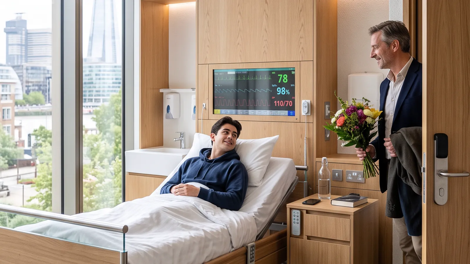 Joven sonriendo desde una cama de hospital mientras un hombre con un ramo de flores entra por la puerta de la habitación